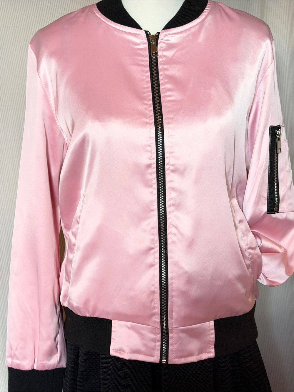 Blush Pink Satin Bomber Jacket Black Trim MA-1 Utility Pocket